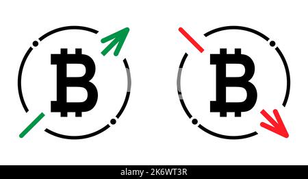 Set of cost symbol bitcoin increase and decrease icon. Money vector symbol isolated on background . Stock Vector