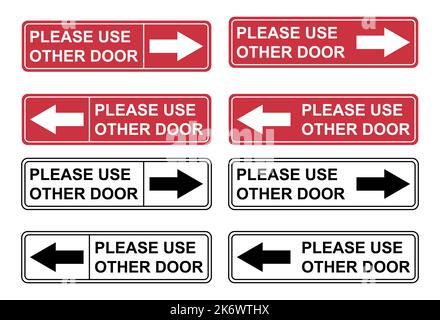 Set of Please use other door graphic icon, information label, notice text direction vector illustration . Stock Vector
