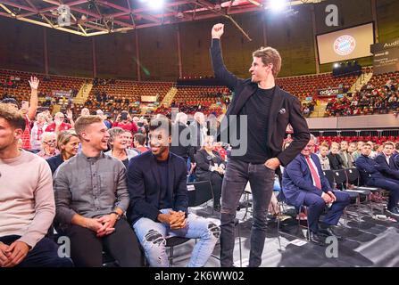 Thomas MUELLER, MÜLLER, FCB 25 Kingsley Coman, FCB 11  Joshua KIMMICH, FCB 6     at the annual general Meeting of  FC BAYERN MÜNCHEN in Audi Dome Munich, Oct 15, 2022,  Season 2022/2023,  © Peter Schatz / Alamy Live News Stock Photo