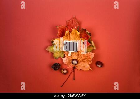 bouquet of bright fallen maple leaves and a black board for text. Greeting or invitation blank card, Autumn sale concept Stock Photo
