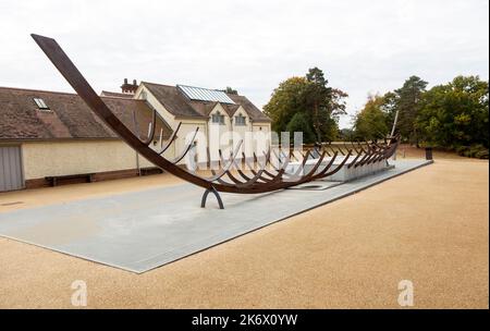 Steel frame of replica ship burial sculpture, Sutton Hoo, Suffolk, England, UK Stock Photo