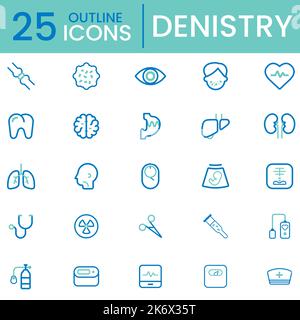 Set of 25 outline medical icons, dentistry and healthcare symbols in blue line style Stock Vector