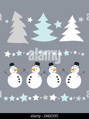 Christmas vector Snowman and dancing Christmas trees among the stars Stock Vector