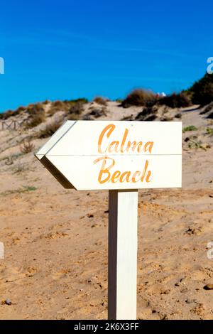 Sign to Calma Beach restaurant at Playa de la Barrosa, Cadiz, Spain Stock Photo