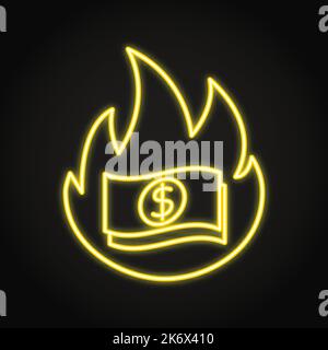 Inflation neon icon in line style. Money on fire, economic crisis concept. Vector illustration. Stock Vector