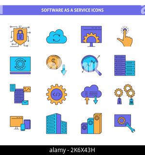 Software as a service icon set in colored line style. SAAS concept symbols. Vector illustration. Stock Vector