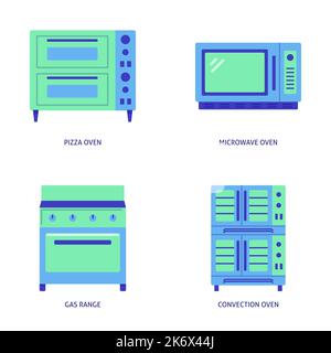 Oven kitchen equipment icon set in flat style. Vector illustration. Stock Vector