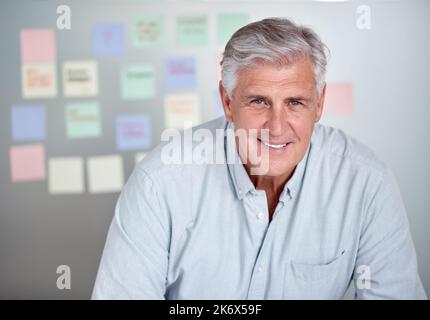 Seeing your thoughts on a board puts lots into perspective. Portrait of a businessman with sticky notes up on a board behind him. Stock Photo