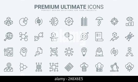 AI, machine learning and science thin line icons set vector illustration. Outline intelligent machine with neural electronic system, innovation of artificial intelligence and digital data support Stock Vector