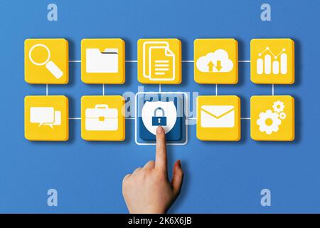 Woman hand clicking on security button for online coverage protection. Internet of things. Cybersecurity concept. Icon shield with lock symbol. Stock Photo