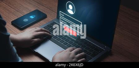 Banner of woman using laptop with VR interface on keyboard. Secure access to user's personal information. Sign in with username and password. Stock Photo