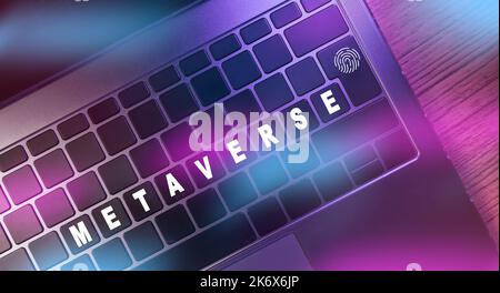 Futuristic laptop keyboard with metaverse word on buttons. metaverse. Technology and digital marketing. Digital link tech. Big data. Stock Photo