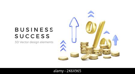 3D gold percent symbol with stack of coins and arrows up in cartoon realistic style. Increase interest rate.  Interest rate up and increase income. Bu Stock Vector