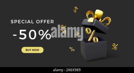 Special offer and discount sale in dark color. Black open gift box with percent sign in gold color and falling small persentage symbols. Vector illust Stock Vector