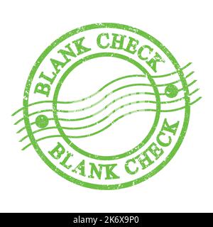 BLANK CHECK, text written on green grungy postal stamp. Stock Photo