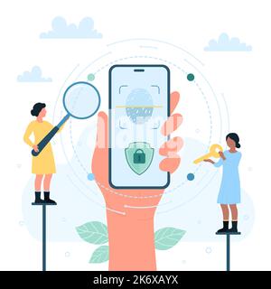 Biometric authorization in mobile app of phone vector illustration. Cartoon tiny people looking through magnifying glass at unique human fingerprint on screen, hand holding smartphone with scanner Stock Vector