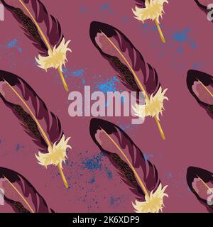 Hand drawn vector seamless pattern with painted bird feathers.  Stock Vector