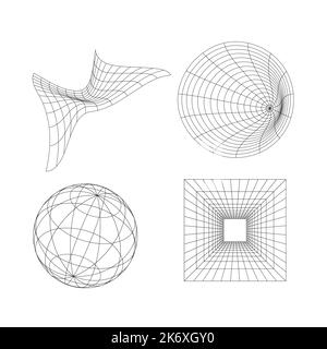Set of 3D distorted digital shapes, grid. Vector illustration Stock Vector