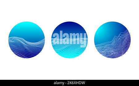Set of circles with sea waves, summer logo, icon. Vector minimal illustration Stock Vector