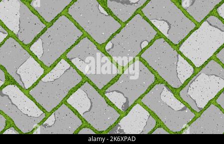 Seamless pattern of old pavement with moss and herringbone textured cracked old bricks Stock Vector