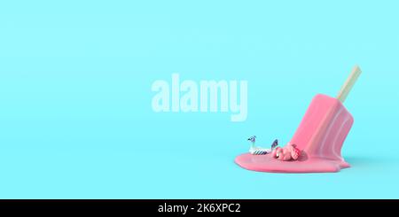 Ice cream melting puddle on baby blue background with giant pink flamingo and peacock floating, empty space on the left, summer concept, 3d rendering, Stock Photo