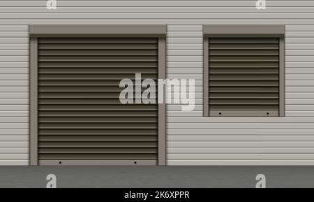 Black closed roller garage shutter door and window with realistic texture on the grey facade Stock Vector