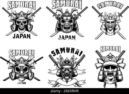 Set of emblems with samurai helmets and katana. Design element for logo, emblem, sign, t shirt. Vector illustration Stock Vector