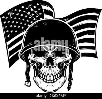 Skull in army helmet on usa flag background. Soldier skull. Design element for poster, card, banner, sign. Vector illustration Stock Vector