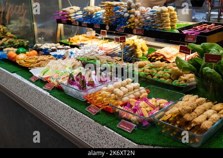 Kuala Lumpur,Malaysia- October 10,2022 : Variety types of steamboat ingredients display at the hawker stall. Stock Photo