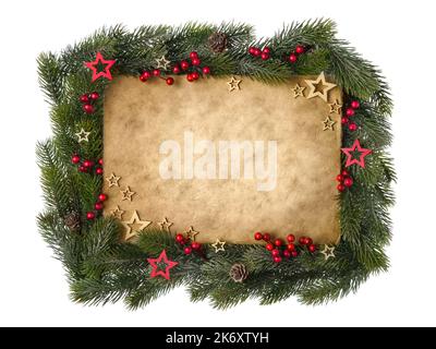 Christmas card with classic parchment paper framed by fir branches Stock Photo