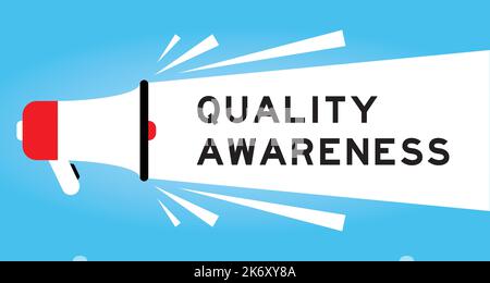 Color megaphone icon with word quality awareness in white banner on blue background Stock Vector