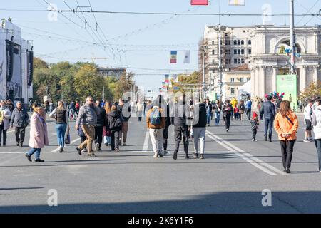 Chisinau, Moldova - October 15, 2022: People walk along The Great National Assembly Square on City Day holiday Stock Photo