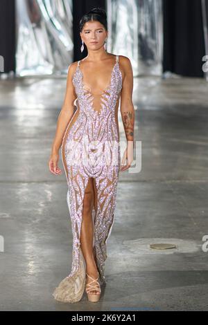 A model walks for designer 'Bodied by Jojo' at New York Fashion Week The Society at the Hall of Mirrors. The Marie. Stock Photo