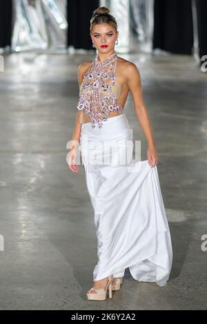 A model walks for designer 'Bodied by Jojo' at New York Fashion Week The Society at the Hall of Mirrors. (02112) Stock Photo