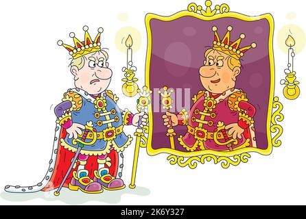 Funny angry king in a golden crown arguing with himself and talking to his reflection in a mirror by candlelight Stock Vector