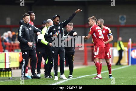 Crawley interim manager Lewis Young shouts instructions during the EFL League Two match between Crawley Town and Newport County at the Broadfield Stadium  , Crawley ,  UK - 15th October 2022  Editorial use only. No merchandising. For Football images FA and Premier League restrictions apply inc. no internet/mobile usage without FAPL license - for details contact Football Dataco Stock Photo
