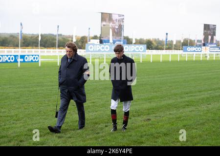 Ascot, Berkshire, UK. 15th October, 2022. A jockey walks the course before his race. Credit: Maureen McLean/Alamy Stock Photo