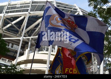 Flags before El Clasico match in Santiago Bernabeu Real Madrid