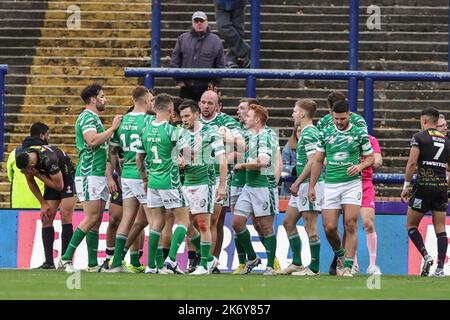 Leeds, UK. 16th Oct, 2022. Liam Byrne of Ireland celebrates his try during the Rugby League World Cup 2021 match Jamaica vs Ireland at Headingley Stadium, Leeds, United Kingdom, 16th October 2022 (Photo by Mark Cosgrove/News Images) Credit: News Images LTD/Alamy Live News Stock Photo