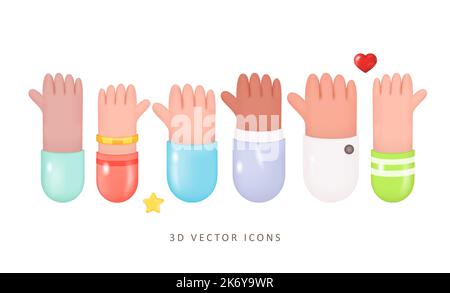 3D Raised Hands Vector Set. Voting, Teamwork, Collaboration, Volunteering Concept. 3D illustration Isolated on White Background. People Vote Hands Stock Vector