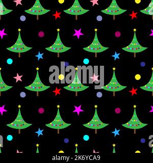 New Year tree with multicolored stars and balls on a black background. Seamless fabric. Merry Christmas. Vector illustration. Stock Vector