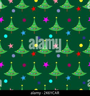New Year tree with multicolored stars and balls on a green background. Seamless fabric. Merry Christmas. Vector illustration. Stock Vector