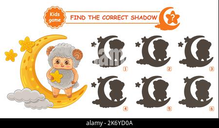 Cute ram, farm lamb, aries on sky, find correct shadow. Education match children game. Sheep on moon. Astrology zodiac sign. Search silhouette. Vector Stock Vector