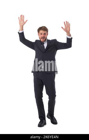 Business man wearing black suit posing with hands up winner concept srudio isolated on white Stock Photo
