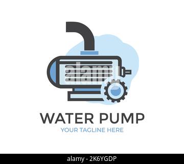 Electric powered motor or engine, industrial pumping compressor, sewage station appliance  logo design. Water supply system, horizontal water pump. Stock Vector
