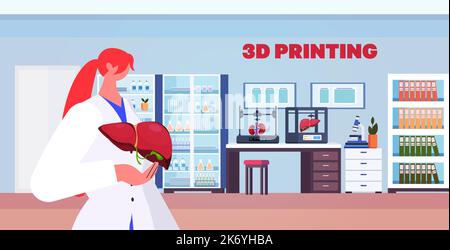 doctor holding human transplantation liver organ model prints on 3d bio printer medical printing biological engineering Stock Vector