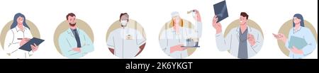 Doctor avatars. Hospital team, doctors nurses at work. Medical staff portraits, therapist and surgery, pharmacist with medicines, mri or radiologist Stock Vector