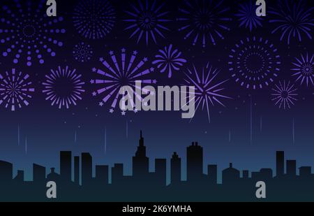 Night cityscape fireworks in dark sky. Fun city celebrating new year or anniversary. Festive color firework graphics. Neoteric festival vector Stock Vector