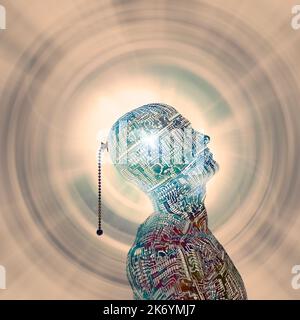 Cyborg man in tunnel of light. 3D rendering Stock Photo