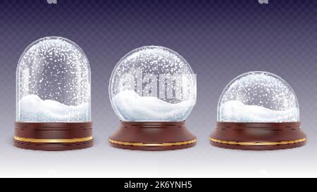 Christmas snow globes. Glass globe with snowy and snowfall. Empty realistic 3d new year ball on wooden stand. Glowing toy, pithy crystal dome vector Stock Vector